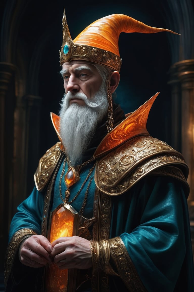 3D artwork, upper body shot of a caracter represesenting a mighty man. High elven hat shaped as a seashell, orange mantle, shining gold jewels and silver chains. (Majestic pose:1.4), (hieratic expression:1.6), emerging from the darkness in the style of Rembrandt. The caracter wears a teal and orange large luxury suit. The character is illuminated from the side by a dark golden light. Vibrant colors. The background is a black gothic cathedral interior dimly lit by moonlight. UHD, high resolution, 8k.