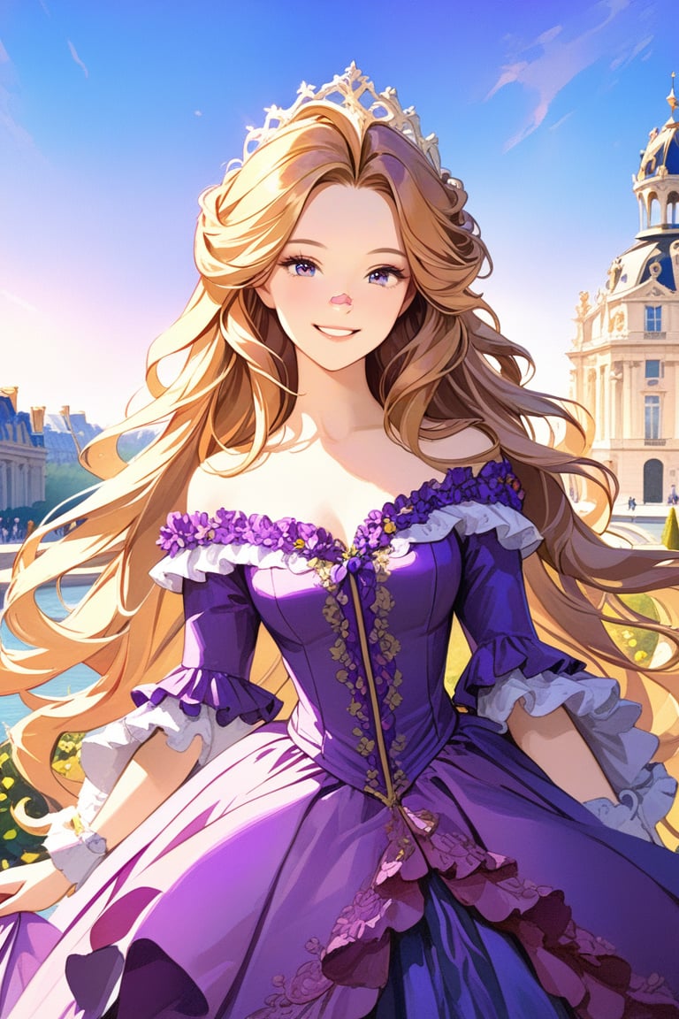 Very beautiful girl wearing a sumptuous  violet dress, illustration, detailed, realistic, UHD, beautiful detailed eyes, beautiful detailed, Warmly smile, Versailles background. Rococo oil paint