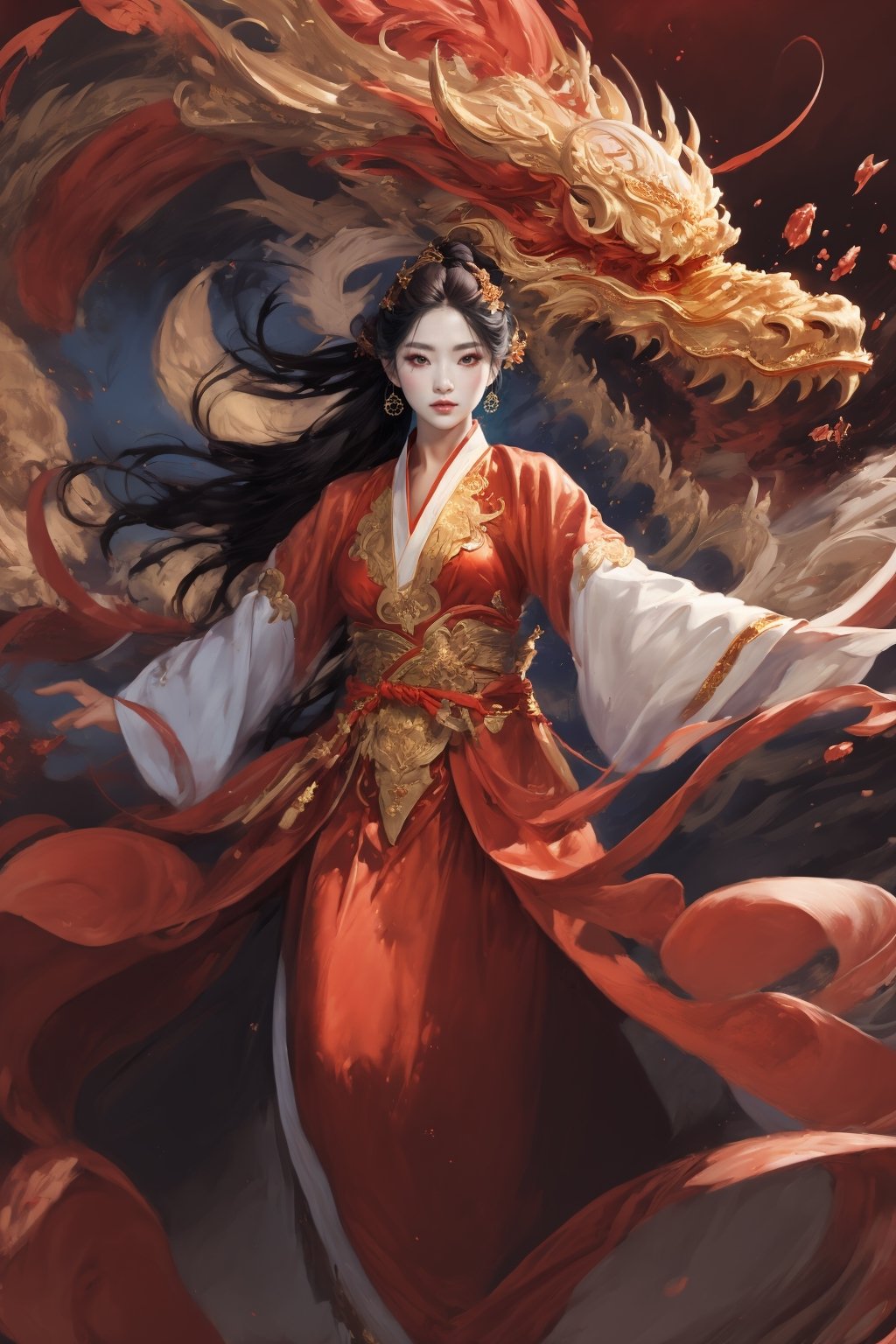 masterpiece, top quality, best quality, official art, beautiful and aesthetic:1.2), (1girl:1.4), yellow color long hair, red hanfu fashion, chinese dragon, golden line, (red theme:1.6), ultra-high quality, photorealistic, sky background, dynamic pose, icemagicAI