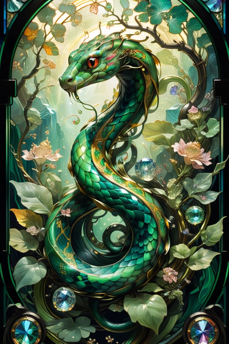 Green chinese Lung snake, magical fantasy art is done in oil paint and liquid chrome, liquid rainbow, golden line, best quality,  fairytale, patchwork, (stained glass:1.2), storybook detailed illustration, cinematic, ultra highly detailed, tiny details, beautiful details, mystical, luminism, vibrant colors, complex background, resolution hyperdetailed intricate liminal eerie precisionism, intricate background, (dark luminescent:1.2) art by Alphonse Mucha,  Alan Lee, crystalz,shards,glass,crystalz