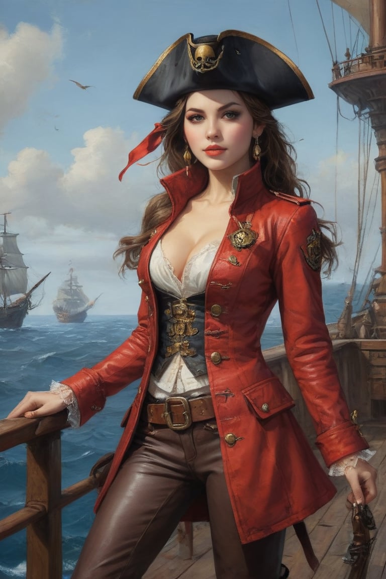 Oil painting full body of a very beautiful pirate captain manga girl, perfect detailed eyes, perfect detailed nose, perfect detailed lips. She wears a red leather long jacket with golden buttons, shirt adorned with lace, brown leather trousers, Intricately detailed accessories and pirate hat. She is on the deck of her ship and cheers her crew on to fight during the battle. Dynamic pose. Masterpiece, vibrant colors, eerie detail perfection, absurdres detail, realistic illustration, extremely detailed, intricately sharp details, sharp focus, chaotic (ships battle scenario:1.3), ships on background 