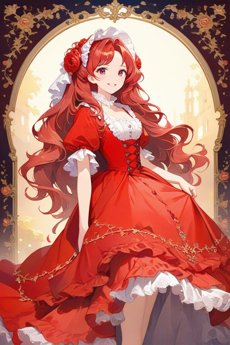 Very beautiful girl with a red dress, masterpiece illustration, complex_background, beautiful detailed eyes, beautiful detailed, Warmly smile. Rococo oil paint