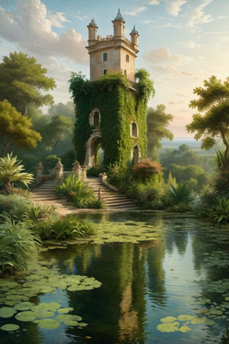 A fantastic greenery ancient garden with a pond in the center and a small French castle style tower in the center of the pond. A masterpiece painted by Claude Lorrain and Jean-Honoré Fragonard, highly detailed leaves, (surreal:1.4) atmosphere, romantic landscape,island