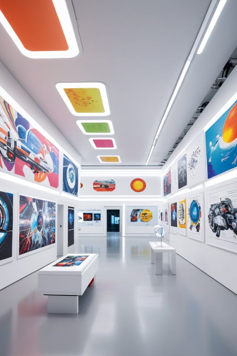 Wide view of a futuristic museal room with some artworks representing graphics and concept maps displayed on the white walls. Futuristic museum. Bright colors, close shot. ,dvr-txt,artint,real_booster,art_booster