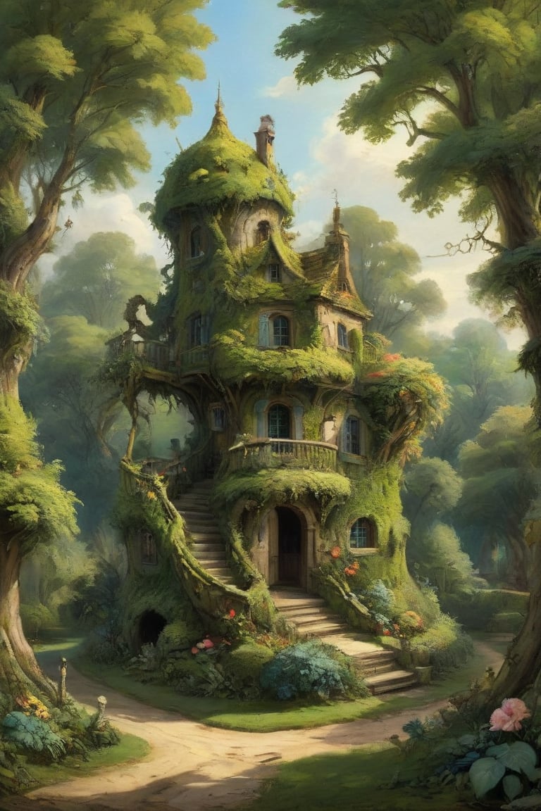 A mystical greenery garden with a treehouse in the center, masterful whimsical topiary sculptures, baroque style vases, flowers, esotic birds, (multiple fantastic spirals of branches and leaves:1.9), dreamy atmosphere, golden vibes, romantic landscape. Masterpiece, rococo style, painted by Francois Boucher and Jean-Honoré Fragonard