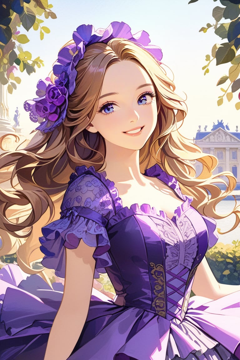 Very beautiful girl wearing a sumptuous  violet dress, illustration, detailed, realistic, UHD, beautiful detailed eyes, beautiful detailed, Warmly smile, Versailles background. Rococo oil paint