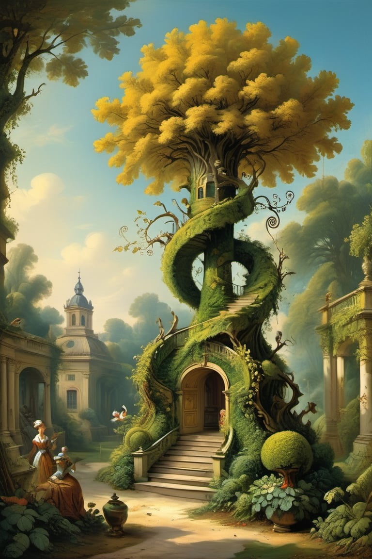 A mystical greenery garden, masterful whimsical topiary sculptures, baroque style vases, flowers, esotic birds, (multiple fantastic spirals of branches and leaves:1.9), dreamy atmosphere, golden vibes, romantic landscape. Masterpiece, rococo style, painted by Jean-Honoré Fragonard and Michael Cheval