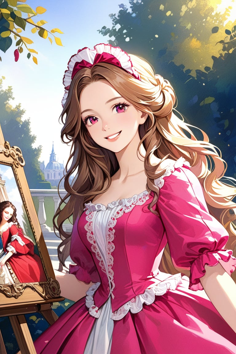 Very beautiful girl wearing a sumptuous fuchsia and sealmon dress, illustration, detailed, realistic, UHD, beautiful detailed eyes, beautiful detailed, Warmly smile, she is showing a painting of hers, Versailles background. Rococo oil paint