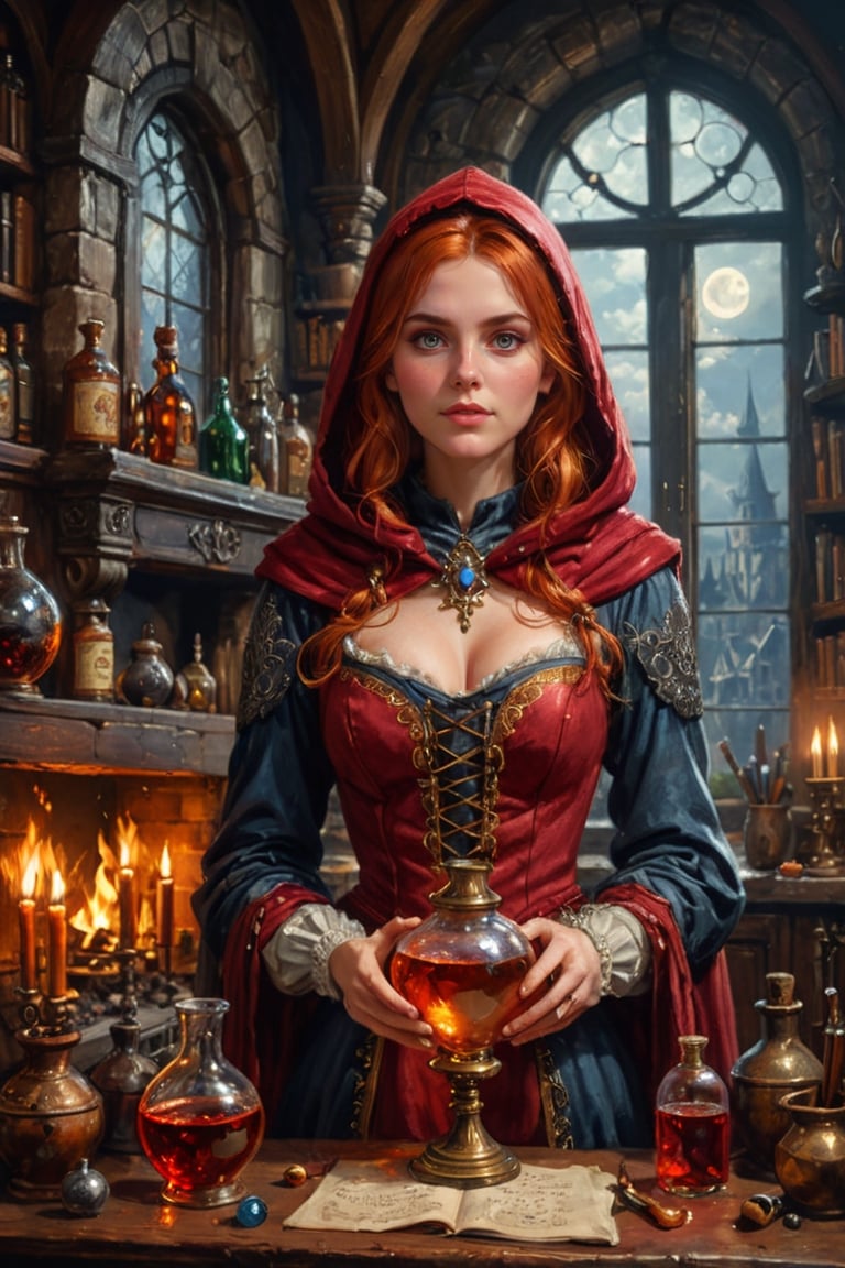 Photorealistic, Award Winning, Ultra Realistic, 8k, of a 20 years old good sweet witch preparing potions in her study. She has red copper hair and wears a medieval high-necked red dress with (hood:1.4) and tippet, richly silver embroidered. Medieval atmosphere. On background we see one stained glasses window moon lighting an old castle room, (some bright colored potion ampoules) on the shelves and a big (fireplace:1.6) lighting the room with a dark golden light. Masterpiece, ultra highly detailed, Dynamic Poses, Alluring, Amazing, Excellent, Detailed Face, Beautiful Symmetric Eyes, Heavenly, Very Refined, digital painting, art_booster