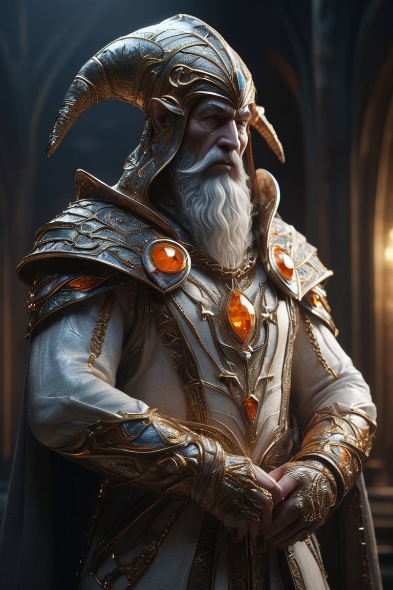 3D artwork, upper body shot of a caracter represesenting an harlequin mighty man. High elven hat shaped as a seashell, orange mantle, shining gold jewels and silver chains. (Majestic pose:1.4), (hieratic expression:1.6), emerging from the darkness in the style of Rembrandt. The caracter wears a white and orange large luxury suit. The character is illuminated from the side by a dark golden light. Vibrant colors. The background is a black gothic cathedral interior dimly lit by moonlight. UHD, high resolution, 8k.