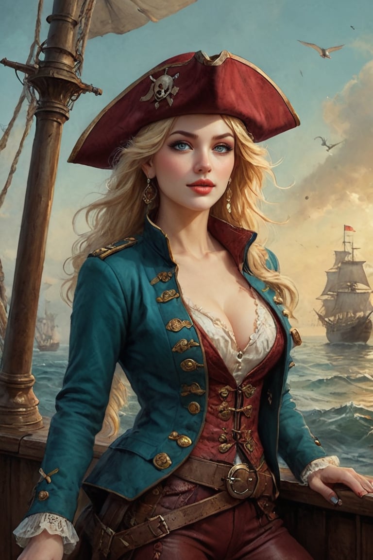 Oil painting of a very beautiful pirate captain  manga blonde girl, perfect detailed eyes, perfect detailed nose, perfect detailed lips. She wears a teal velvet long jacket with golden buttons, shirt adorned with lace, dark red leather trousers, Intricately detailed accessories and pirate hat. She is on the deck of her ship and cheers her crew on to fight during the battle. Dynamic pose. Masterpiece, vibrant colors, warm light, eerie detail perfection, absurdres detail, realistic illustration, extremely detailed, intricately sharp details, sharp focus, chaotic (ships battle scenario:1.3), ships on background 