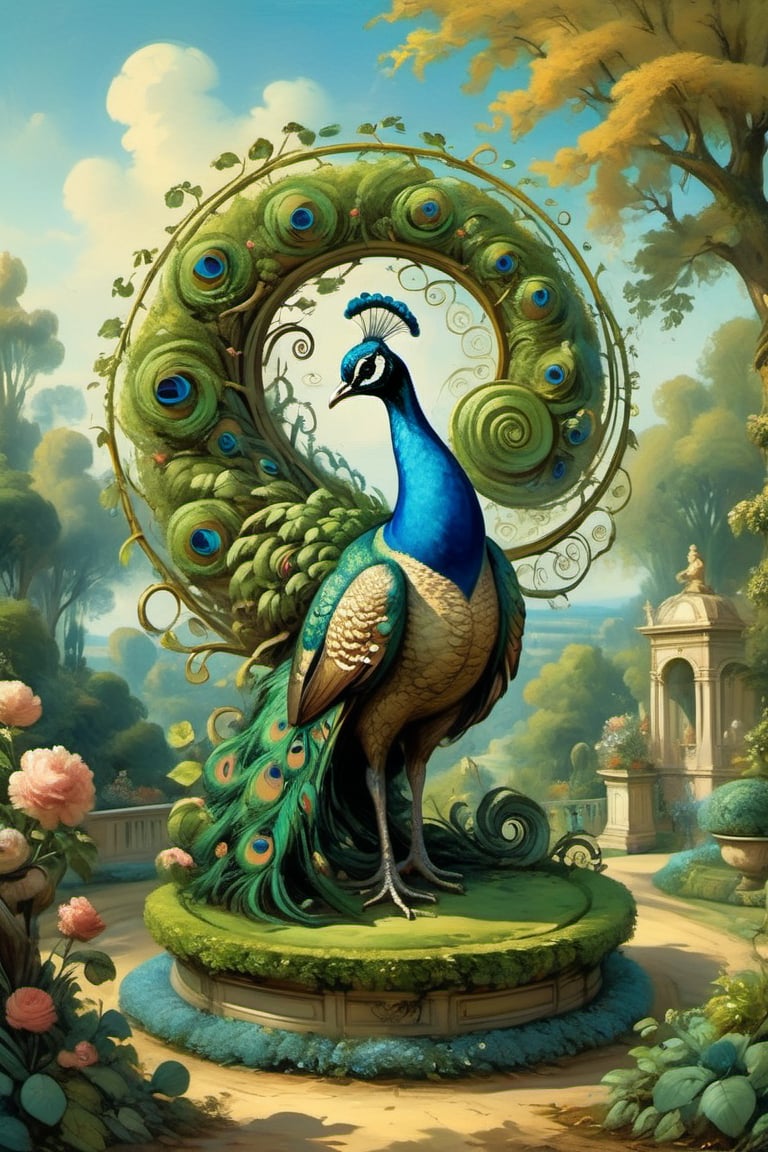 A mystical greenery garden, masterful whimsical topiary sculptures, flowers, a majestic awesome peacock at the center of the scene. (Multiple fantastic spirals of branches and leaves:1.9) on background. Dreamy atmosphere, golden vibes, romantic landscape. Masterpiece, rococo style, painted by Jean-Honoré Fragonard and Michael Cheval