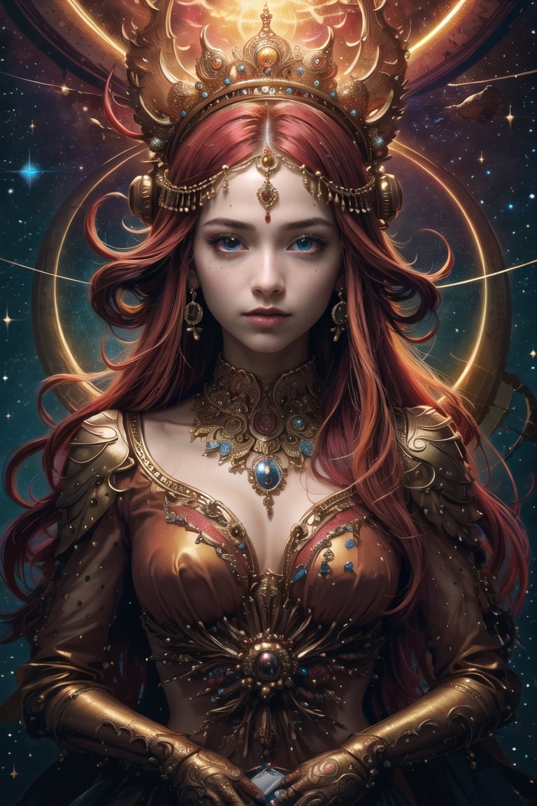 ultra high resolution, surreal, official art, divine nature, elegant and royal, red, orange, yellow, girl, complex detailed, medium shot, Holiness, Chaos, charming, majestic, beautiful Psychedelia, Madness, Highly detailed, intricate, midjourney, xyzabcplanets, scenery, Color magic,Realism