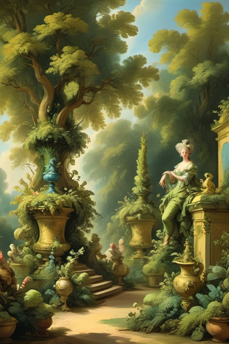 A mystical greenery garden, masterful whimsical topiary sculptures, baroque style vases, multiple fantastic spirals of branches and leaves, dreamy atmosphere, golden vibes, romantic landscape. Masterpiece, rococo style, painted by Jean-Honoré Fragonard