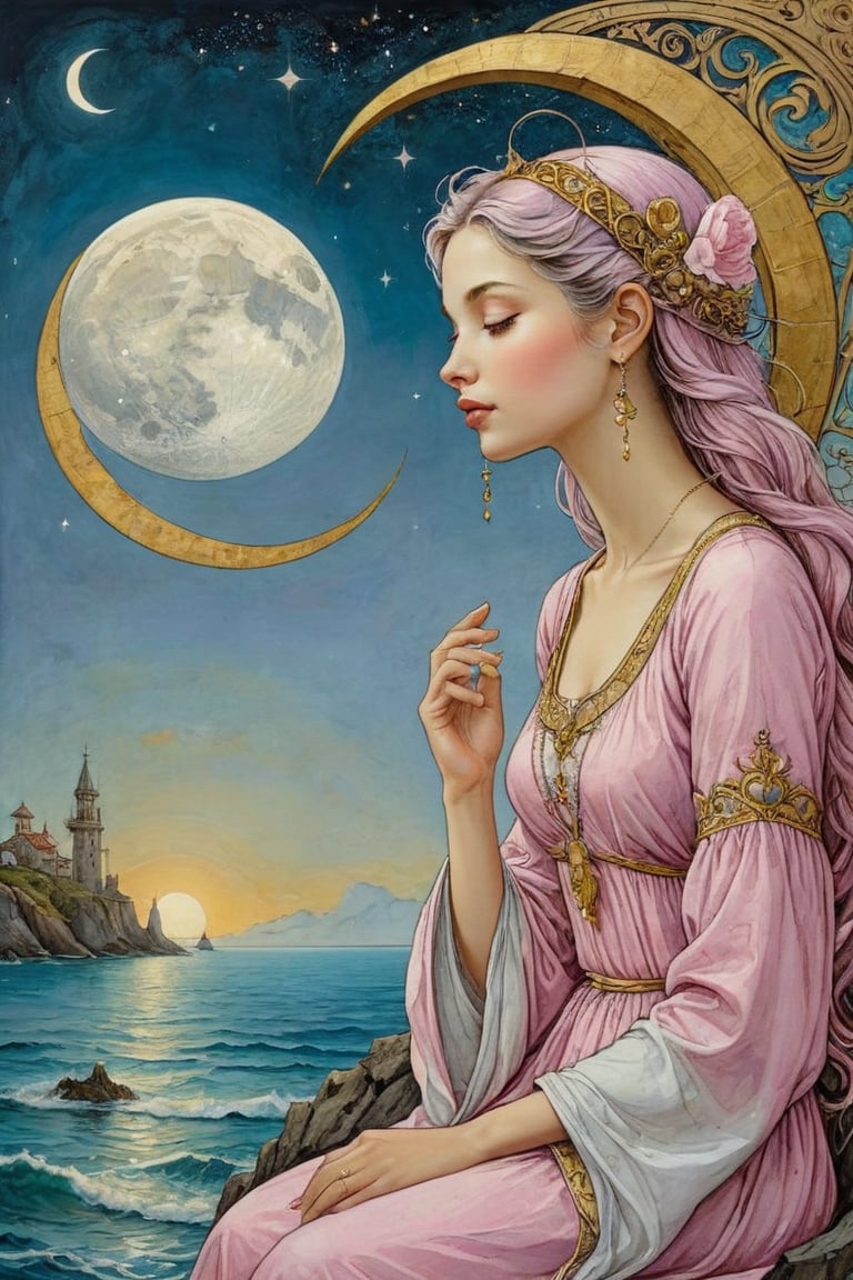 Art Nouveau style, Pale pink and white dressed girl conversing with the face of the crescent moon and meditating over the sea. Golden line, liquid silver, liquid rainbow, art on a cracked paper, ink paint. Whimsical art, pop surrealism, inspired by Gabriel Pacheco and Michael Cheval. Masterpiece, bizarre, hyper detailed, diaphanous, DonM0ccul7Ru57XL, on parchment,art_booster