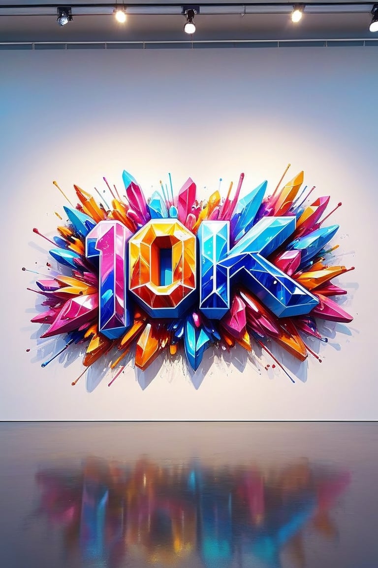 Front view of a 3D style graffiti museal artwork with the text "10K", displayed on the white wall of a futuristic museum. Bright colors, close shot. Text,crystalz