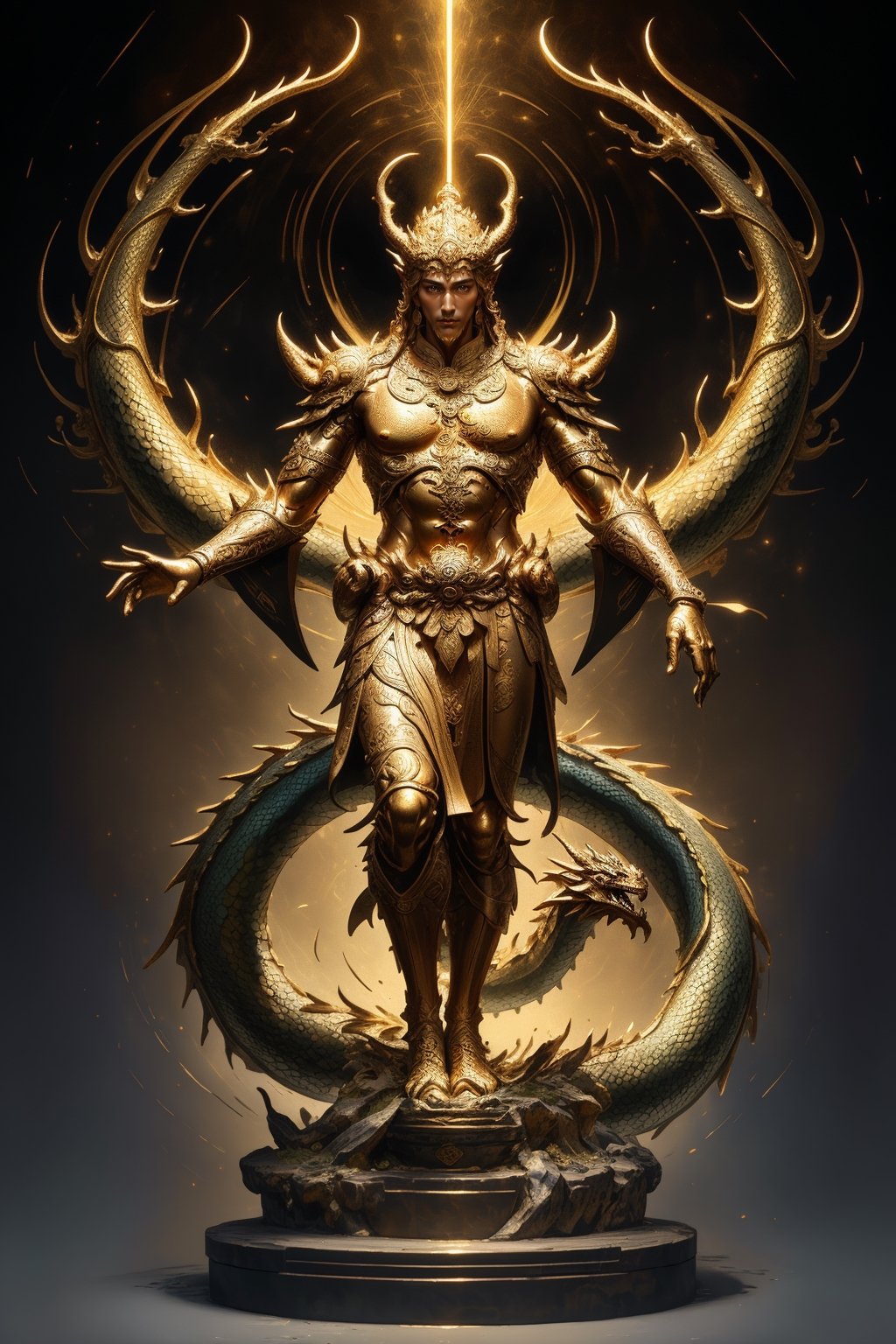 1 chinese full body God with dragon hyperdetailed black bronze sculpture, perfect face, cinematic pose, (masterful:1.3), in the ancient style of the best chinese art, detailed and intricate, golden line, complex background, golden intricately detailed background, black color,bg_imgs,dragon