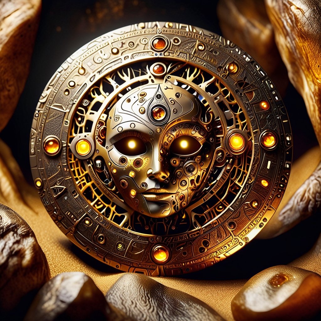 A full shot frontal view of a mysterious (semi-fossilized:1.4) tecnological object coming from a lost civilization of an ancient past. It is a disc with a fractal mechanical look, studded with electronic devices made of amber, filled with the most intricate and sophisticated mechanisms ever seen. At the center of the disc is an amber small jewel resembling a stylized and minimalist human face similar to a Venetian mask with hollow eyes. Extremely intricate details, obsessive detail precision. The disk exudes a mystical aura and is located in a mysterious large sandy cave in the desert. Centered in the scene, masterpiece ,DonM0ccul7Ru57XL