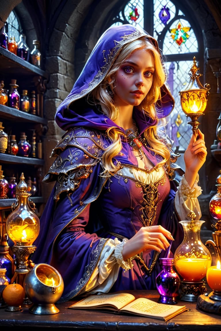 Photorealistic, Award Winning, Ultra Realistic, 8k, of a 25 years old good sweet girl preparing potions in her study. She has blonde hair and wears a medieval purple dress with hood and tippet, richly silver embroidered. Medieval atmosphere. On background we see one yellow and orange stained glasses window lighting an old castle room, (many bright colored potion ampoules:1.4) on the shelves. Masterpiece, ultra highly detailed, Dynamic Poses, Alluring, Amazing, Excellent, Detailed Face, Beautiful Symmetric Eyes, Heavenly, Very Refined, dark golden light,digital painting,crystalz,Decora_SWstyle