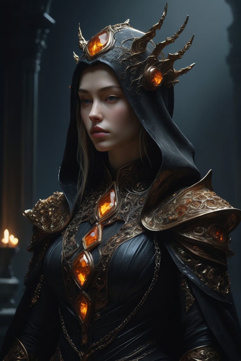 3D artwork, upper body shot represesenting a mighty female young caracter. High elven hat shaped as an orange seashell, mantle, shining gold jewels and silver chains. (Majestic pose:1.4), (hieratic expression:1.6), emerging from the darkness in the style of Rembrandt. The caracter wears a black and orange large luxury dress. The character is illuminated from the side by a dark golden light. Marine vibes. Vibrant colors. The background is a black gothic cathedral interior dimly lit by moonlight. UHD, high resolution, 8k.