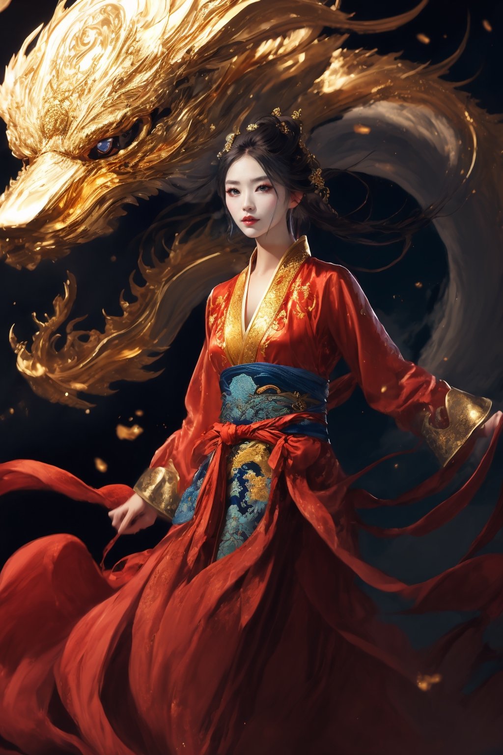 masterpiece, top quality, best quality, official art, beautiful and aesthetic:1.2), (1girl:1.4), black color long hair, red silk hanfu fashion, chinese dragon, golden line, ultra-high quality, photorealistic, sky background, dynamic pose, icemagicAI
