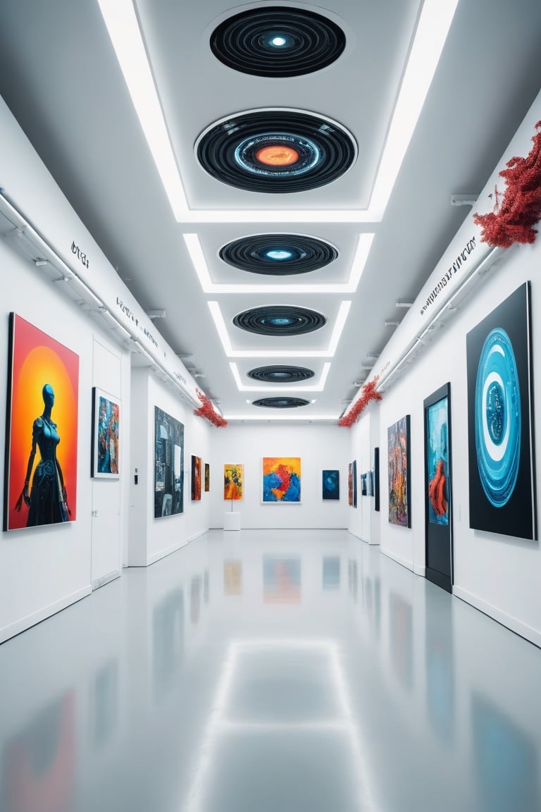 Wide view of a futuristic museal room with some artworks displayed on the white walls. Futuristic museum. Bright colors, surrealist, close shot. ,dvr-txt