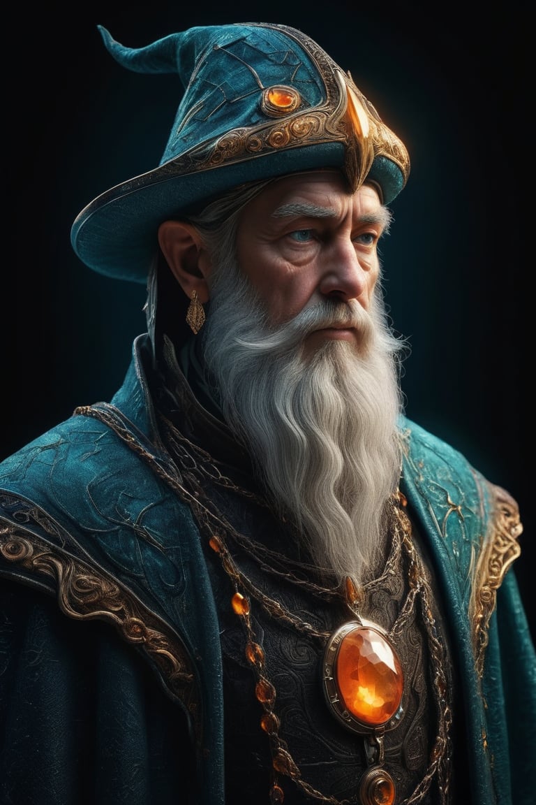 3D artwork, upper body shot of a caracter represesenting a mighty man. High elven hat shaped as a seashell, orange mantle, shining gold jewels and silver chains. (Majestic pose:1.4), (hieratic expression:1.6), emerging from the darkness in the style of Rembrandt. The caracter wears a teal and orange large luxury suit. The character is illuminated from the side by a dark golden light. Vibrant colors. The background is a black gothic cathedral interior dimly lit by moonlight. UHD, high resolution, 8k.