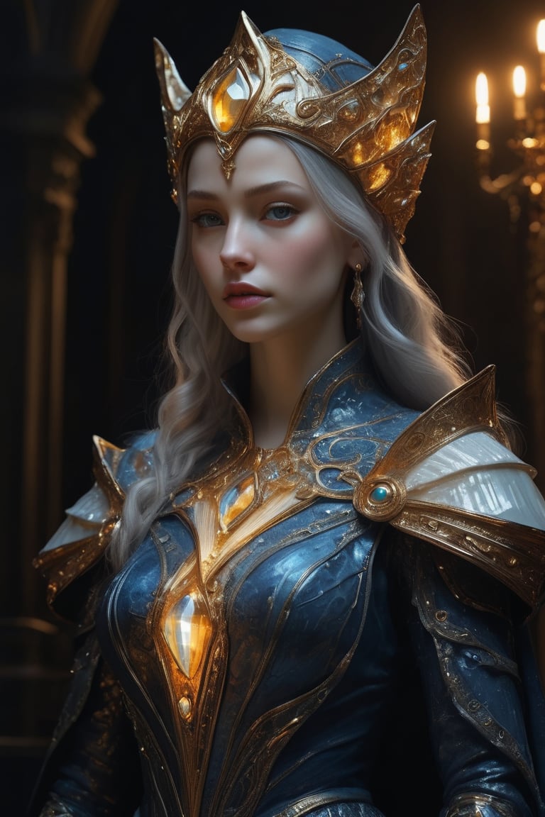 3D artwork, upper body shot represesenting a mighty female young caracter. High elven hat shaped as a white seashell, mantle, shining amber gold jewels. (Majestic pose:1.4), (hieratic expression:1.6), emerging from the darkness in the style of Rembrandt. The caracter wears a blue large luxury dress. The character is illuminated from the side by a dark golden light. Marine vibes. Vibrant colors. The background is a black gothic cathedral interior dimly lit by moonlight. UHD, high resolution, 8k.