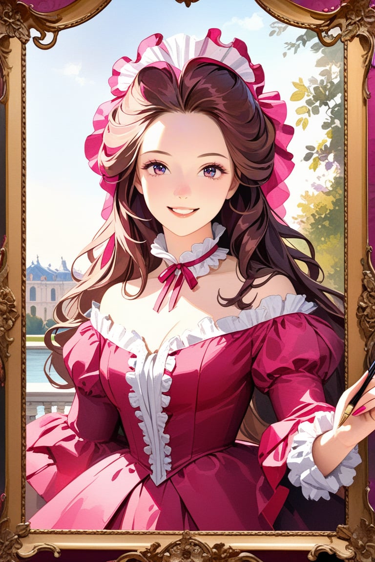 Very beautiful girl wearing a sumptuous fuchsia dress, illustration, detailed, realistic, UHD, beautiful detailed eyes, beautiful detailed, Warmly smile, she is showing a painting of hers, Versailles background. Rococo oil paint