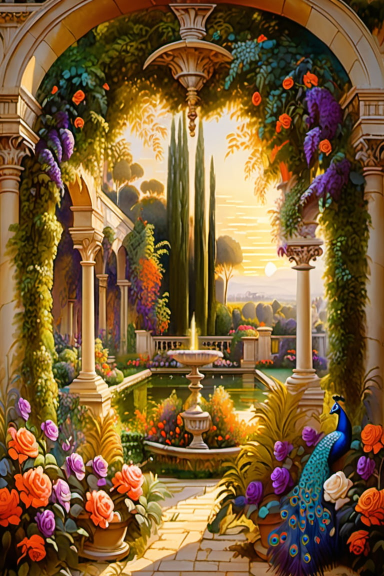 An ultra higly detailed ancient greenery garden with sumptuous masterpieces of topiary art. A masterpiece painted by Claude Lorrain, highly detailed leaves, purple flowers, red and orange roses and a (white peacock:1.4) at the center of the scene. Golden hour, romantic landscape, vivid colour contrasts,  Architectural100, on parchment