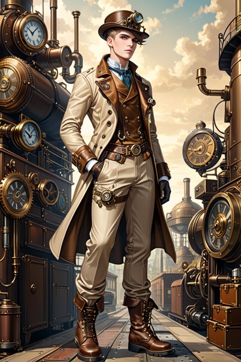 Industrial steampunk mechanic boy, perfectly detailed face, hat, steampunk beige leather double-breasted jacket, beige tweed fabric puffed trousers, leather laced boots, intricately detailed brass accessories. Masterpiece, illustration, extremely detailed, industrial background