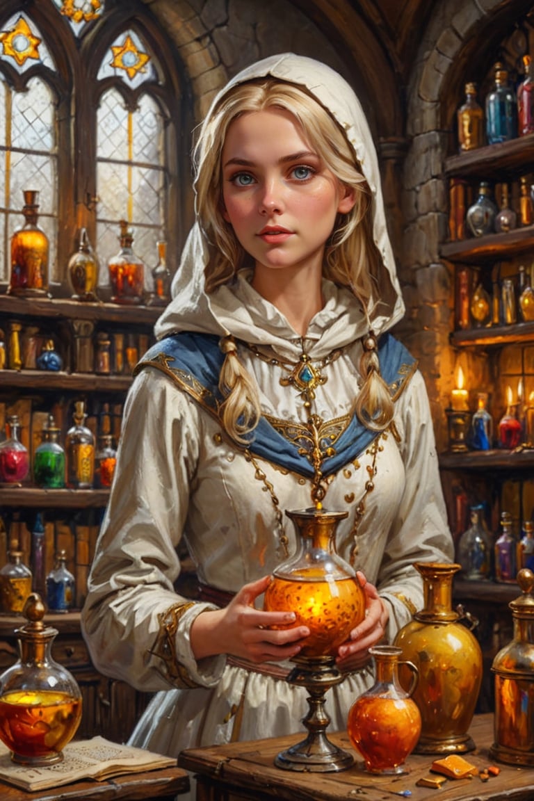Photorealistic, Award Winning, Ultra Realistic, 8k, of a 25 years old good sweet girl preparing potions in her study. She has blonde hair and wears a medieval white dress with hood and tippet, richly silver embroidered. Medieval atmosphere. On background we see one yellow and orange stained glasses window lighting an old castle room, (many bright colored potion ampoules:1.4) on the shelves. Masterpiece, ultra highly detailed, Dynamic Poses, Alluring, Amazing, Excellent, Detailed Face, Beautiful Symmetric Eyes, Heavenly, Very Refined, dark golden light,digital painting,crystalz,Decora_SWstyle,art_booster