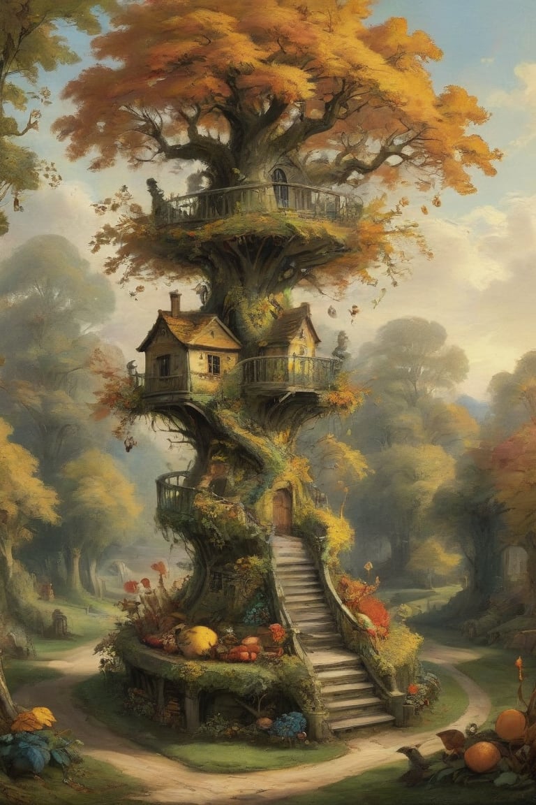 A mystical autumnal garden with a treehouse in the center, masterful whimsical topiary sculptures, baroque style vases, yellow, orange and red leaves, esotic birds, (multiple fantastic spirals of branches and leaves:1.9), dreamy atmosphere, golden vibes, romantic landscape. Masterpiece, rococo style, painted by Jean-Honoré Fragonard and Jan Bruegel