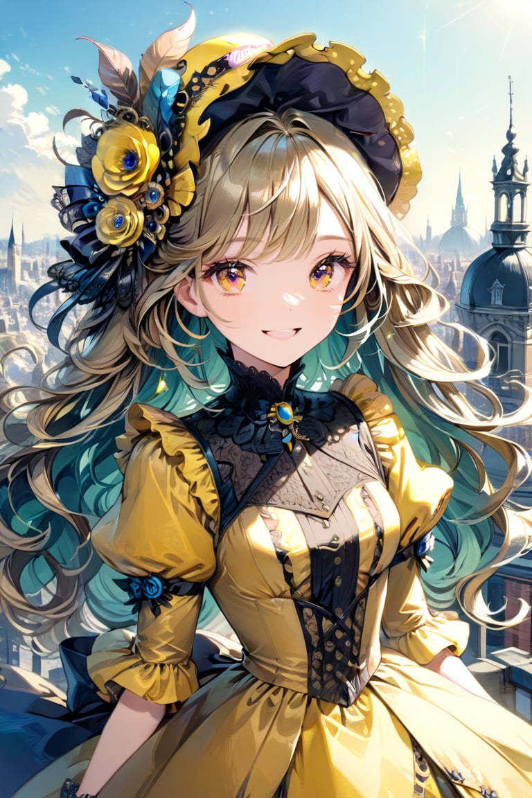 Very beautiful girl with a very ornated victorian bright yellow dress, sumptuous hat, masterpiece, illustration, extremely detailed, beautiful detailed eyes, beautiful detailed mouth, warmly smile, (bright colors:1.4), city on background 