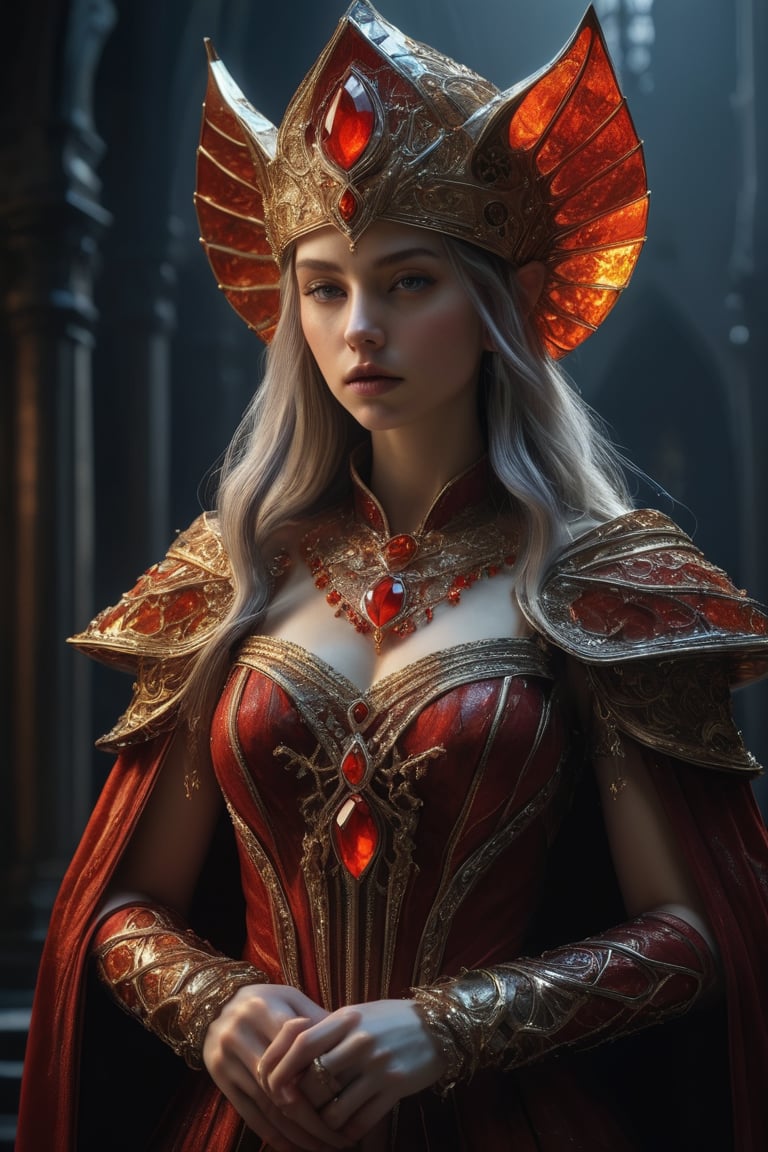 3D artwork, upper body shot represesenting a mighty female young caracter. High elven hat shaped as a red seashell, mantle, shining gold jewels and silver chains. (Majestic pose:1.4), (hieratic expression:1.6), emerging from the darkness in the style of Rembrandt. The caracter wears a white, red and orange large luxury dress. The character is illuminated from the side by a dark golden light. Marine vibes. Vibrant colors. The background is a black gothic cathedral interior dimly lit by moonlight. UHD, high resolution, 8k.