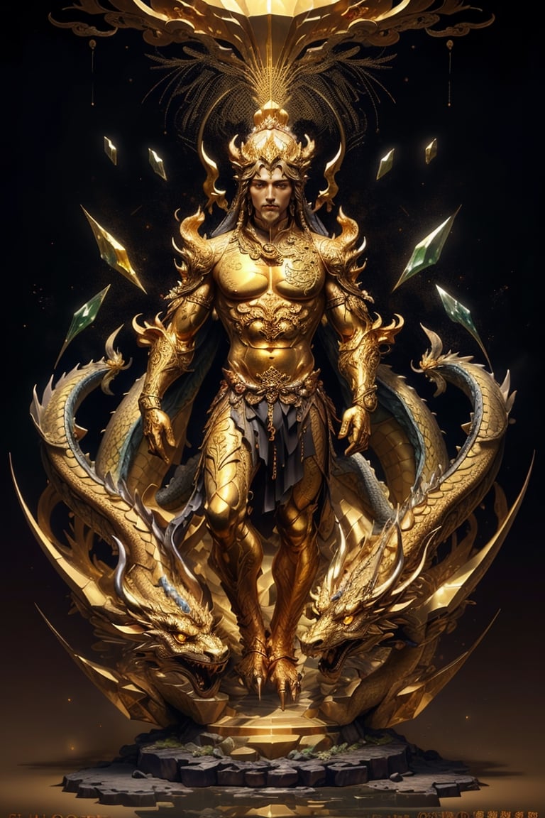 1 chinese full body God with dragon hyperdetailed dark bronze sculpture, perfect face, (masterful:1.3), in the ancient style of the best chinese art, detailed and intricate, golden line, yellow crystals, glass elements, complex background, golden intricately detailed background, black color,bg_imgs,dragon