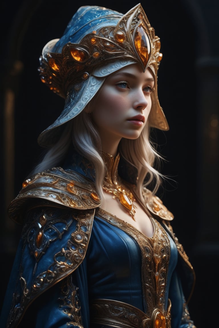 3D artwork, upper body shot represesenting a mighty female young caracter. High elven hat shaped as a white seashell, mantle, shining amber gold jewels. (Majestic pose:1.4), (hieratic expression:1.6), emerging from the darkness in the style of Rembrandt. The caracter wears a blue large luxury dress. The character is illuminated from the side by a dark golden light. Marine vibes. Vibrant colors. The background is a black gothic cathedral interior dimly lit by moonlight. UHD, high resolution, 8k.