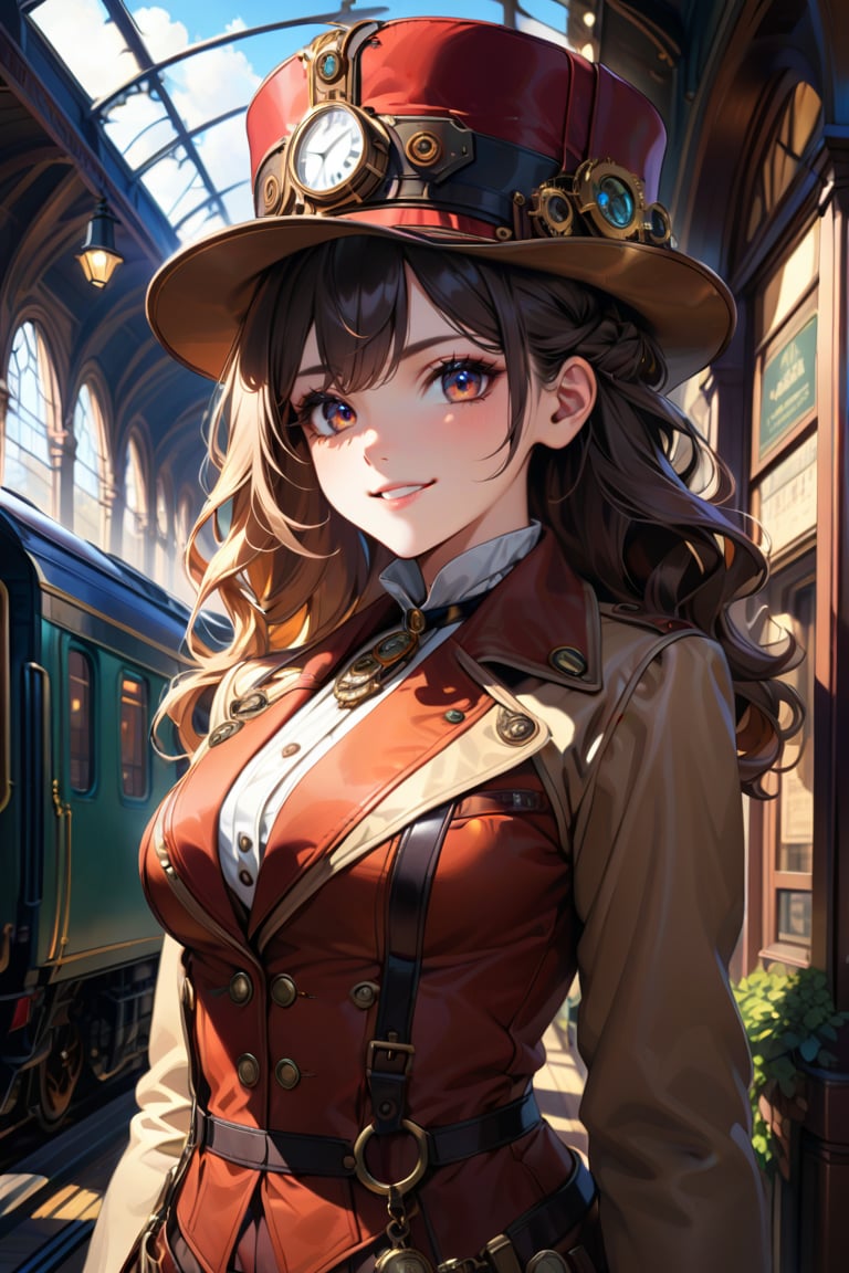 Very beautiful girl with a steampunk beige leather jacket, red waistcoat and hat, intricately detailed brass accessories. Masterpiece, illustration, extremely detailed, beautiful detailed eyes, beautiful detailed mouth, warmly smile, bright colors, victorian railway station on background, complex_background 