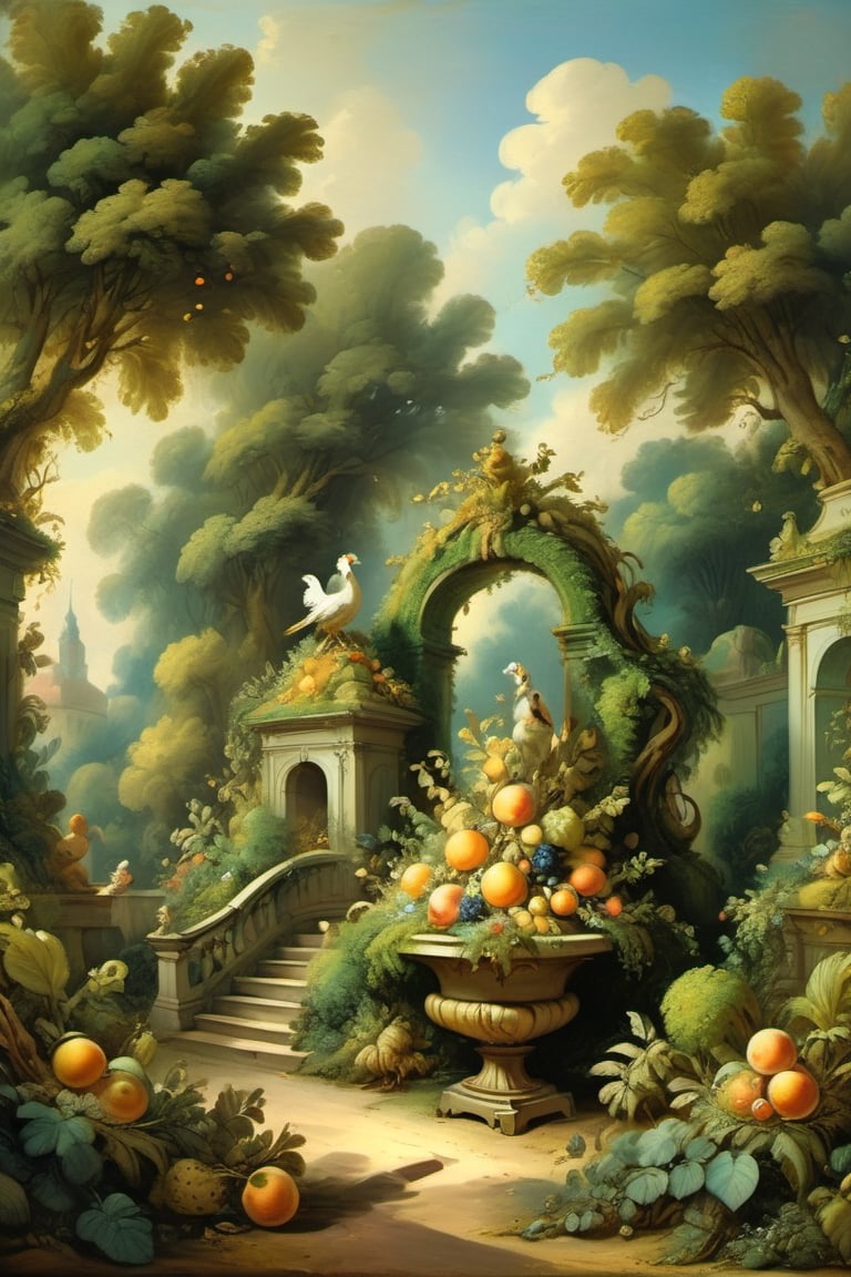 A mystical greenery garden, masterful whimsical topiary sculptures, baroque style vases, fruits, flowers, esotic birds, multiple fantastic spirals of branches and leaves, dreamy atmosphere, golden vibes, romantic landscape. Masterpiece, rococo style, painted by Jean-Honoré Fragonard
