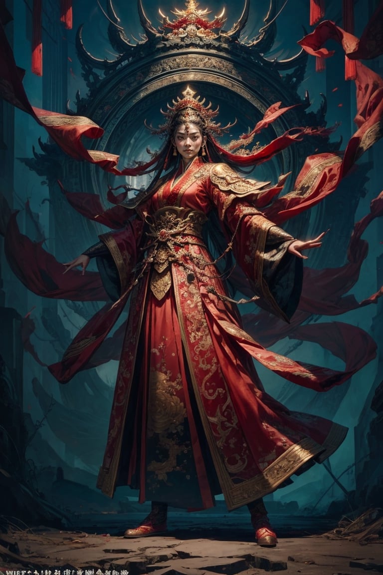 Full body shot of a character standing in majestic pose, realistic representation of a fantasy chinese empress with the most sumptuous wedding hanfu dress made of red silk and richly embroidered with gold and silver threads, intricately carved golden badges and tassels. Art by Yoshitaka Amano, Huang Guangjian, Zhong Fenghua, stunning interpretive visual, gothic regal, colorful, realistic eyes, dreamy magical atmosphere, (film grain), (warm hue, warm tone), cinematic light, side lightings,zhongfenghua,gu,weapon