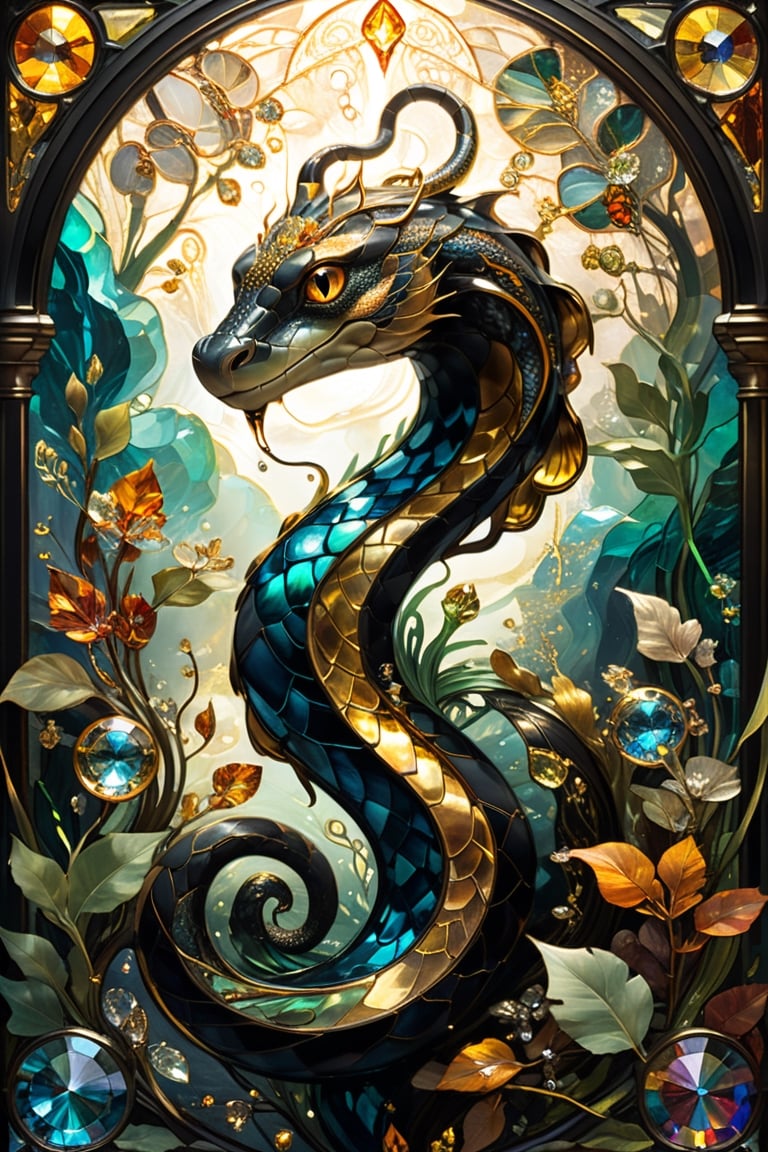 Black and gold snake, magical fantasy art is done in oil paint and liquid chrome, liquid rainbow, golden line, best quality,  fairytale, patchwork, (stained glass:1.2), storybook detailed illustration, cinematic, ultra highly detailed, tiny details, beautiful details, mystical, luminism, vibrant colors, complex background, resolution hyperdetailed intricate liminal eerie precisionism, intricate background, (dark luminescent:1.2) art by Alphonse Mucha,  Alan Lee, crystalz,shards,glass,crystalz