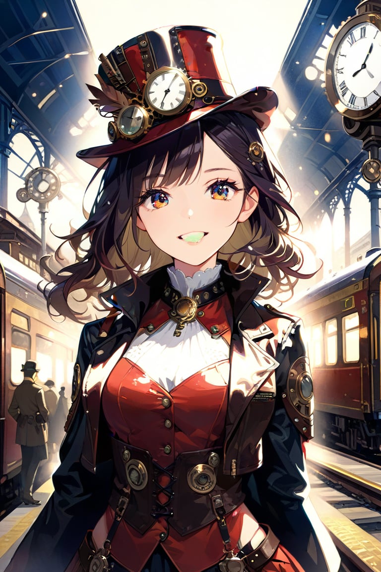 Very beautiful girl with a steampunk leather jacket, red waistcoat and hat, intricately detailed brass accessories. Masterpiece, illustration, extremely detailed, beautiful detailed eyes, beautiful detailed mouth, warmly smile, bright colors, dark light, railway station on background 