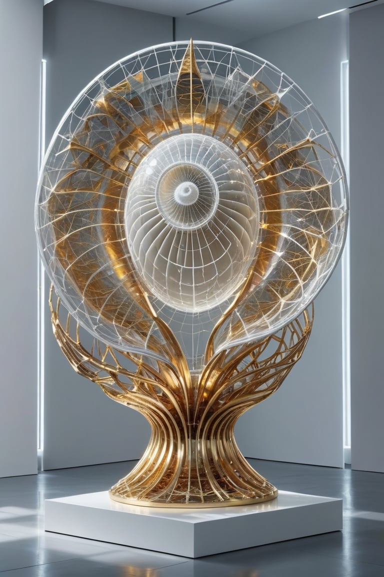 Front view of a museal sculpture displayed on a futuristic pedestal in the white room inside a futuristic museum. BREAK The artwork is (an amazing and captivating abstract sculpture:1.4), with an amazing glass sea nautilus shell, (kinetic elements:1.4), glow, spark. Golden theme. Abstract fractal AI generated shape, sharp details, intricate and thick golden wireframes. Highest quality, detailed and intricate, original artwork, trendy, award-winning, artint, noc-wfhlgr, art_booster. BREAK wide shot, sharp focus, bright white room