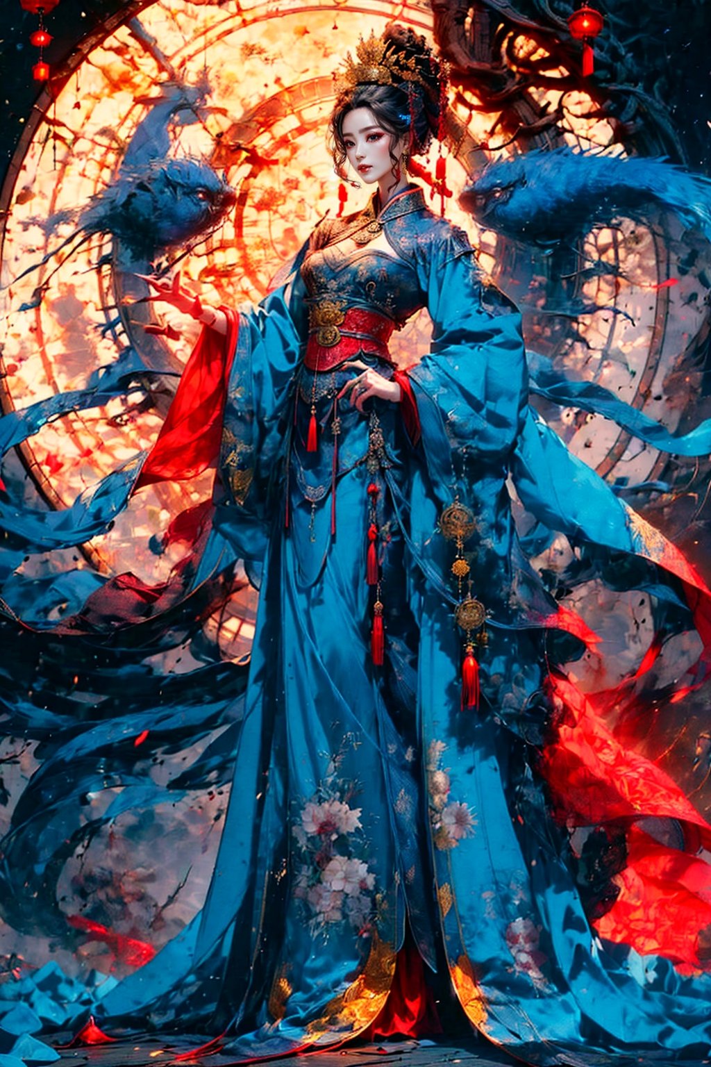Full body shot of a character standing in majestic pose, hyper realistic representation of a fantasy chinese empress with the most sumptuous wedding hanfu dress made of black and (red:1.4) silk and richly embroidered with gold and silver threads, wide sleeves, intricately carved golden badges and tassels, dark gothic cathedral background, rock magic circle, mandala. Art by Yoshitaka Amano, Zhong Fenghua, stunning interpretive visual, gothic regal, colorful, realistic eyes, dreamy magical atmosphere, (film grain), (warm hue, warm tone), cinematic light, side lightings,zhongfenghua,horror (theme)