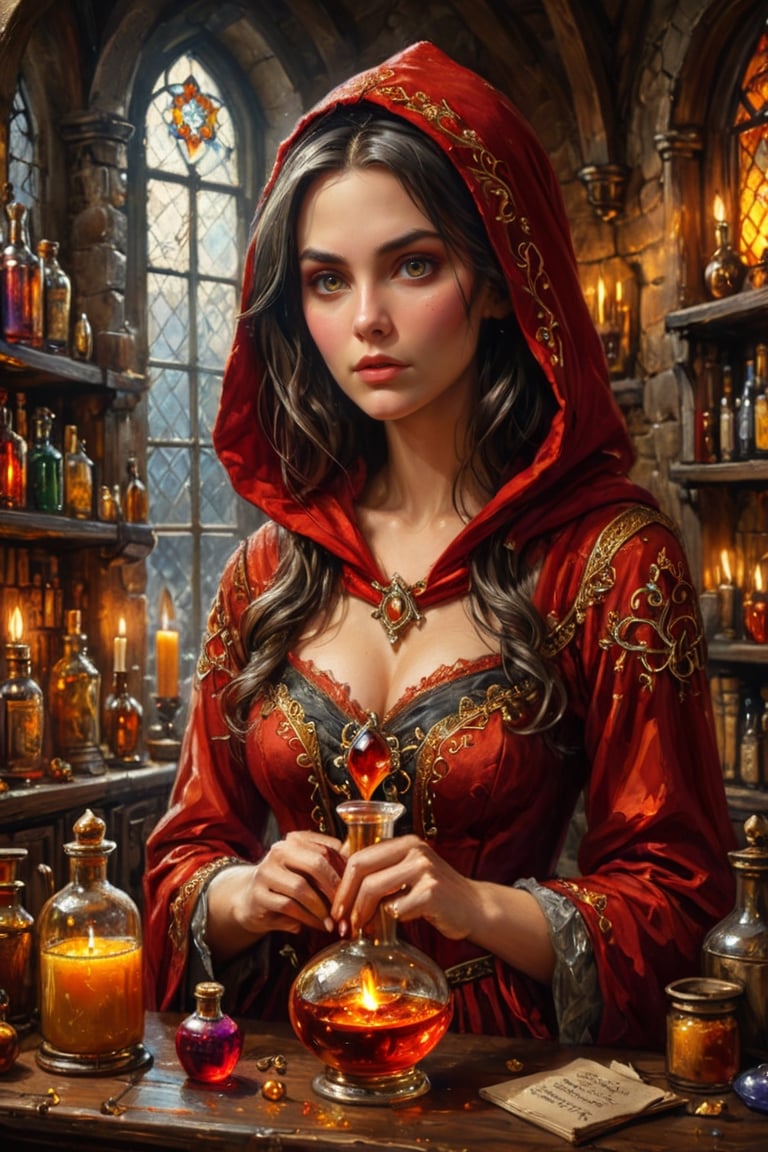 Photorealistic, Award Winning, Ultra Realistic, 8k, of a 20 years old good sweet witch preparing potions in her study. She has dark hair and wears a medieval red dress with hood and tippet, richly silver embroidered. Medieval atmosphere. On background we see one yellow and orange stained glasses window lighting an old castle room, (many bright colored potion ampoules:1.4) on the shelves. Masterpiece, ultra highly detailed, Dynamic Poses, Alluring, Amazing, Excellent, Detailed Face, Beautiful Symmetric Eyes, Heavenly, Very Refined, dark golden light,digital painting