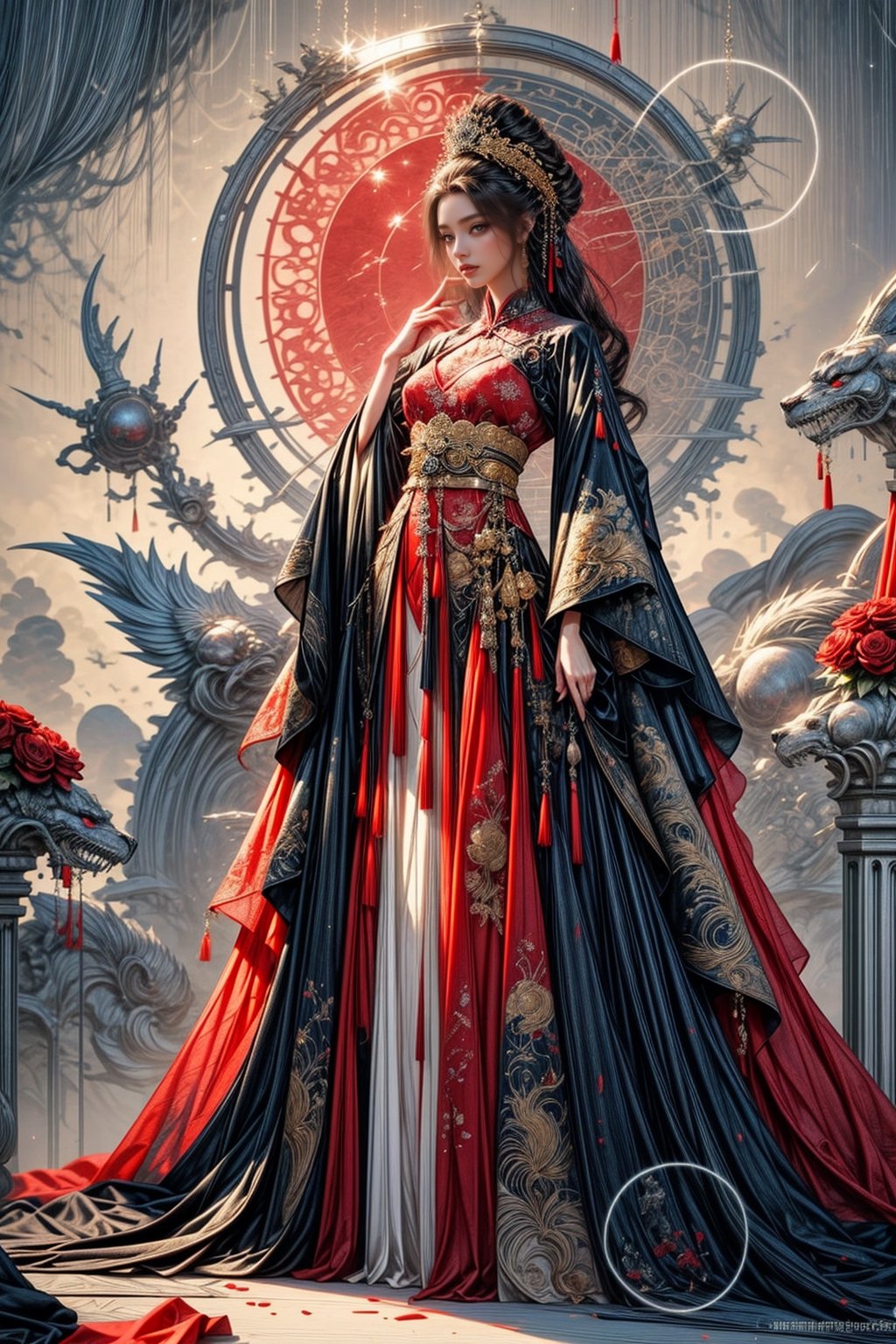 Full body shot of a character standing in majestic pose, hyper realistic representation of a fantasy chinese empress with the most sumptuous wedding hanfu dress made of black and (red:1.8) silk and richly embroidered with gold and silver threads, (wide sleeves:1.2), intricately carved golden badges and tassels, dark gothic cathedral background, rock magic circle, mandala. Art by Yoshitaka Amano, Zhong Fenghua, stunning interpretive visual, gothic regal, colorful, realistic eyes, dreamy magical atmosphere, (film grain), (warm hue, warm tone), cinematic light, side lightings,zhongfenghua,horror (theme),<lora:659111690174031528:1.0>
