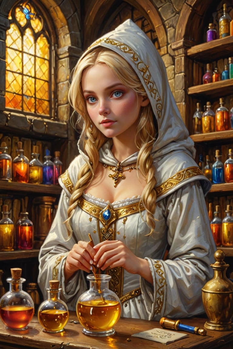 Photorealistic, Award Winning, Ultra Realistic, 8k, of a very light-skinned 25 years old good sweet girl preparing potions in her study. She has blonde hair and wears a medieval white dress with hood and tippet, richly silver embroidered. Medieval atmosphere. Golden line, liquid gold. On background we see one yellow and orange stained glasses window lighting an old castle room, (many bright colored potion ampoules) on the shelves. Masterpiece, ultra highly detailed, Dynamic Poses, Alluring, Amazing, Excellent, Detailed Face, Beautiful Symmetric Eyes, Heavenly, Very Refined, dark golden light,digital painting,crystalz,Decora_SWstyle,art_booster