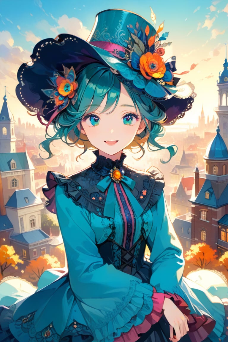 Very beautiful girl with a very ornated victorian bright teal dress, sumptuous hat, masterpiece, illustration, extremely detailed, beautiful detailed eyes, beautiful detailed mouth, warmly smile, (bright colors:1.4), city on background 