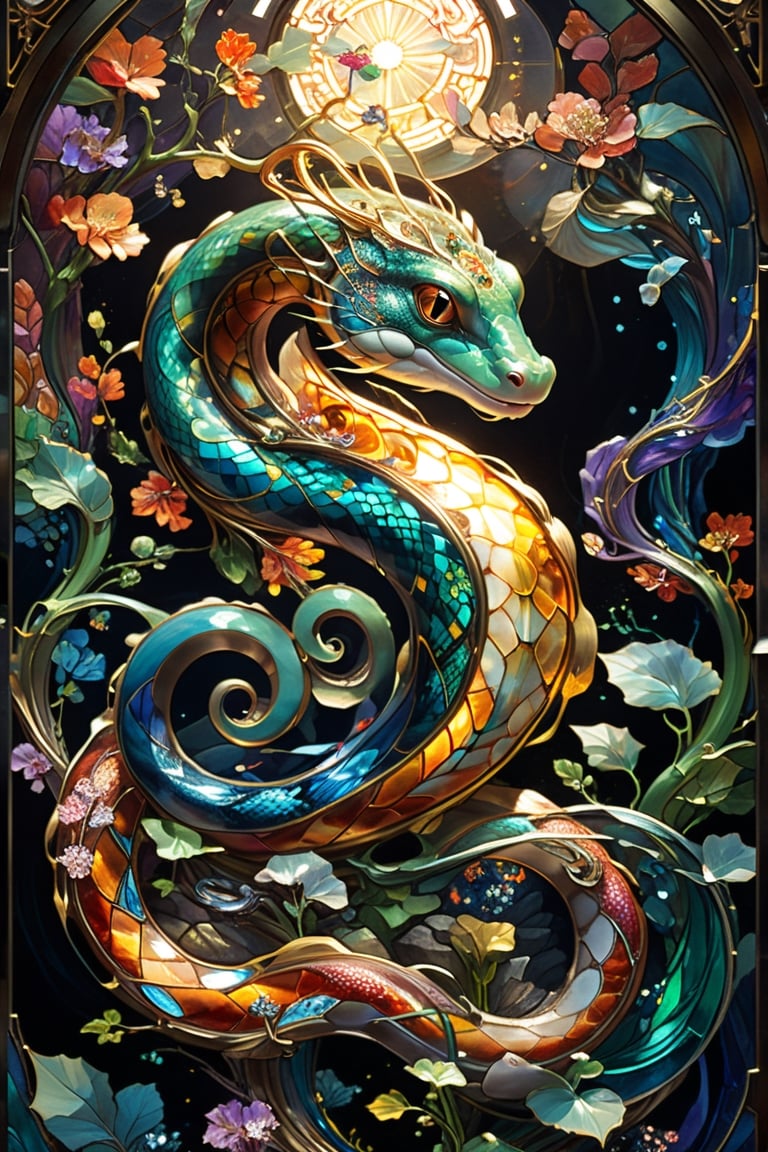 Chinese Lung snake, magical fantasy art is done in oil paint and liquid chrome, liquid rainbow, golden line, best quality,  fairytale, patchwork, (stained glass:1.2), storybook detailed illustration, cinematic, ultra highly detailed, tiny details, beautiful details, mystical, luminism, vibrant colors, complex background, resolution hyperdetailed intricate liminal eerie precisionism, intricate background, (dark luminescent:1.2) art by Alphonse Mucha,  Alan Lee, crystalz,shards,glass,crystalz