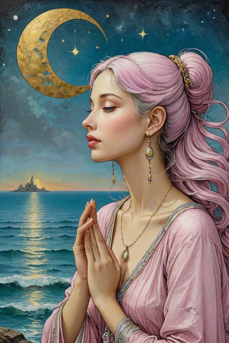 Art Nouveau style, Pale pink and white dressed girl conversing with the face of the crescent moon and meditating over the sea. Golden line, liquid silver, liquid rainbow, art on a cracked paper, ink paint. Whimsical art, pop surrealism, inspired by Gabriel Pacheco and Michael Cheval. Masterpiece, bizarre, hyper detailed, diaphanous, DonM0ccul7Ru57XL, on parchment,art_booster